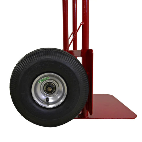 Side view of Heavy Duty Pail Cart with 10-inch pneumatic tire and red steel frame, showing part of pin handle.