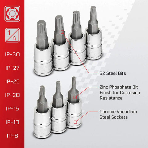 Close-up of Torx Plus 13-Piece Bit Socket Set with 6 Lobe TP-8 IP-8 Through TP-60 IP-60, S2 Steel Bits and CrV Sockets for auto repair