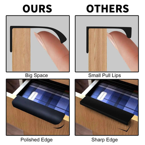 Comparison of Two Pack Adhesive Edge Finger Pulls For Cabinets And Drawers showing big vs small space with concealed handles.