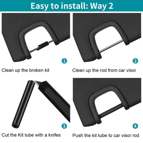 Installation steps for Jeep Wrangler Sun Visor Repair Kit 6 Pack Rubber Black Tube for 2007-2017 JK JKU, showing visor and tools
