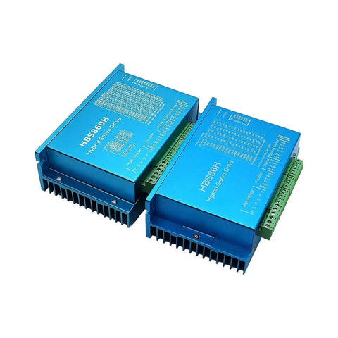 Four Set Nema 34 Closed Loop Stepper Motors With Brake, 6A Peak, 4.5Nm, 8.5Nm And 12Nm Torque, Packed With HBS860H And HBS86H Drivers, 400W 60V Power Supply, Boss Grade CNC, 3D Printers, Carving Machines, And Automation. HBS860H and HBS86H blue hybrid servo drives