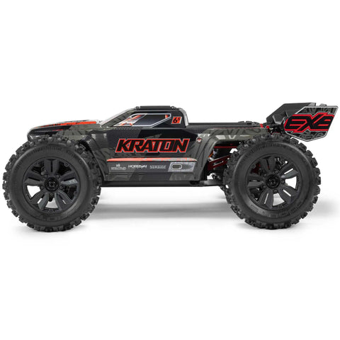 ARRMA Kraton 1 8 Scale 6S EXB Ready To Run Clipless Body Basher Monster RC Truck side view, black ARA8708V6T1