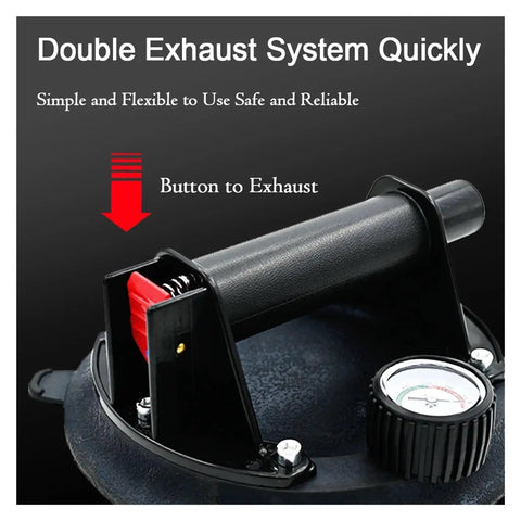 Granite Seam Setter 8-Inch Glass Suction Cup with Built-In Pressure Gauge showing double exhaust system and anti-slip handle