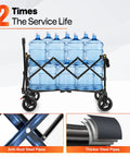 Beast Ultra Compact Folding Wagon With All-Terrain Wheels holding water bottles, includes Anti-Rust Steel Pipes and thicker steel images.