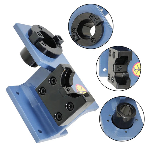 Heavy Duty CNC Tool Holder Tightening Fixture for Worktable, lightweight, blue metal base, close-up on clamps and dimensions details.