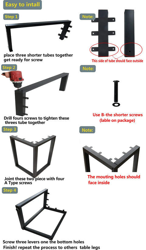 Assembly steps for Beefy Square Steel Table Legs 28 Inch High Heavy Duty Desk Legs For Dining Computer Or Work Tables Industrial Matte Black Set Of 2 Supports Up To 800 Lbs Capacity