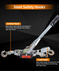 5 Ton Dual Gear Power Puller with 3 Hooks showing steel safety hooks and pull handle details