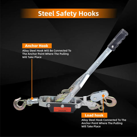 5 Ton Dual Gear Power Puller with 3 Hooks showing steel safety hooks and pull handle details