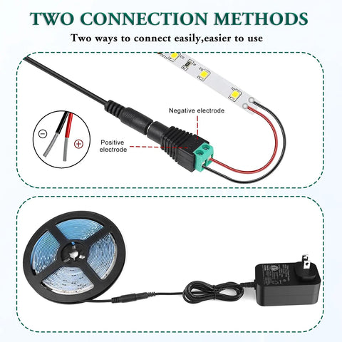 Diagram showing two methods to connect 24V 1A power adapter charger for LED strips, fish tanks, massage guns and more, 100V-240VAC input