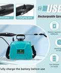 Battery Powered Garden Sprayer With USB Rechargeable Handle, Two Gallon Capacity, shown with charging port and indicator.