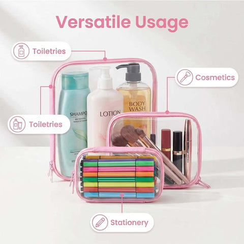 Clear Hard Shell Makeup Pouch Set displaying toiletries, cosmetics, and markers in transparent organizers.
