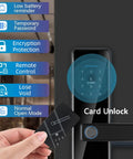 Heavy Duty Smart Door Lock With Fingerprint Reader And Backlit Keypad Keyless Entry Electronic Deadbolt For Home showing card unlock feature.