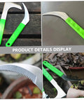 Set Of 2 Serrated Hook Garden Tools For Lawn Care And Harvesting, detailed close-ups of green-handled scythe-style weeders