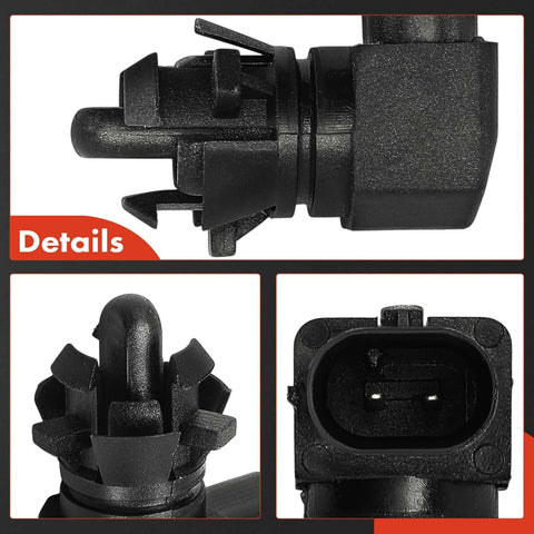 A-Premium ambient air temperature sensor for GM cars; black plastic unit shown in front, side, and connector close-ups