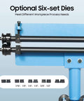 Close-up of Pro Grade Manual Sheet Metal Bead Roller Kit with Six Die Sets, showing optional six-set dies details and sizes.
