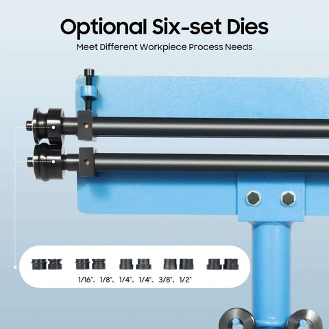 Close-up of Pro Grade Manual Sheet Metal Bead Roller Kit with Six Die Sets, showing optional six-set dies details and sizes.