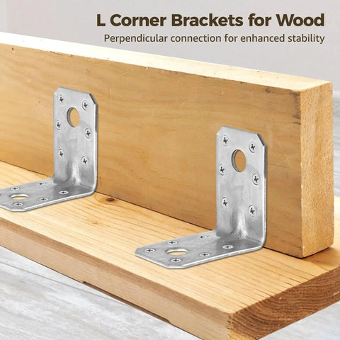 Heavy Duty Steel Angle Brackets 90 Degree L Shaped Corner Supports Multi Hole Design Built Tough For Rock Solid Furniture And Shelf Assembly 2 Inch Wood Frame Hardware 50 Pack on wooden surface