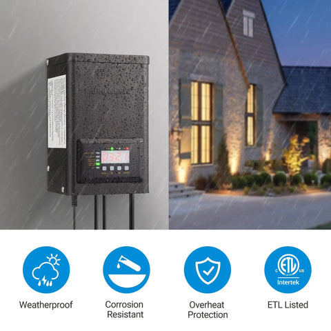 200W Low Voltage Landscape Lighting Transformer With Timer And Photocell Sensor, 120V AC To 12V Or 14V AC, Dusk To Dawn Auto On Off, Indoor Outdoor Weatherproof, ETL Listed, For Spotlight And Pathway Lights