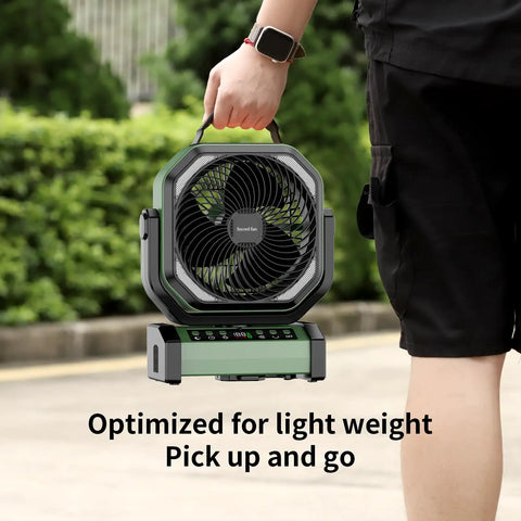 Person carrying Beast Camping Fan With Light 20000mAh Battery Up To 112 Hours Run Time 9 Speed Settings Digital Display