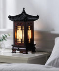 Handmade Korean Wood Lamp With Pagoda Design Asian Table Lantern on nightstand, cozy brown oriental light, rustic Hanok style