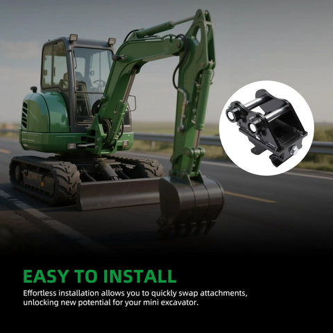 Durable Mini Excavator Quick Change Hitch Easy Snap On Quick Coupler For 0.8 To 2 Ton Small Diggers Fits Most Compact Excavators And Attachments Heavy Duty Quick Attach For Fast Tool Swaps, showing green mini excavator with coupler detail.