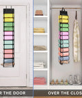 Get Your Closet Organized With This Super Cool Hanging Organizer Designed For Leggings Jeans And Clothes Featuring Twenty Four Compartments For Easy Storage And Access Every Time shown over door and closet.