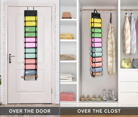 Get Your Closet Organized With This Super Cool Hanging Organizer Designed For Leggings Jeans And Clothes Featuring Twenty Four Compartments For Easy Storage And Access Every Time shown over door and closet.