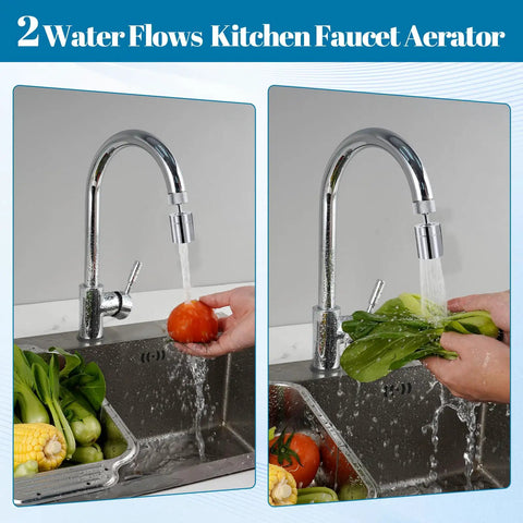 Dual Function Chrome Kitchen Faucet Aerator With 360 Swivel Spray in use with vegetables under soft stream and strong spray