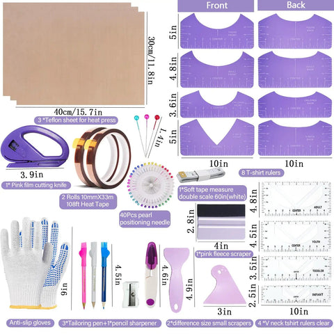 Sublimation Shirts Tool Kit with Round Neck and V Neck Ruler Set, 12x16 in Teflon Sheets, heat press essentials displayed.