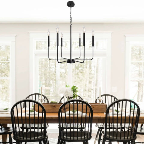 Black Farmhouse Chandelier With 6 Lights, 26.1 Inch Wide above dining table, adjustable height rustic hanging light fixture
