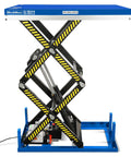 Solid 2200 Lb Capacity Double Scissor Electric Hydraulic Lift Table With Wireless Remote Control 70 Inch Height And Massive 51 X 32 Foot Platform Perfect For Warehouses And Factories To Move Heavy Stuff Easy Like, showing the lift in raised position.
