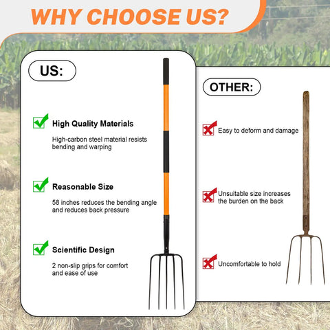 Comparison of 5 Tine Pitchfork For Gardening Heavy Duty With Fiberglass Handle versus traditional wooden pitchfork, highlighting quality and design differences.