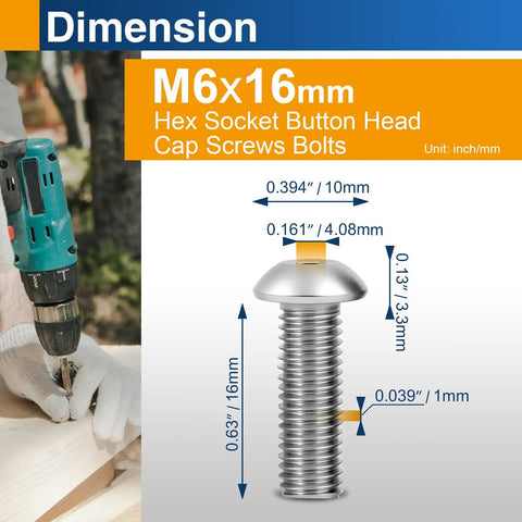 M6 x 16MM 304 Stainless Steel Button Head Socket Cap Screws with dimensions for heavy duty machine fasteners.
