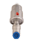 UNOX 3/4 in stainless steel pneumatic valve, front view, blue cap, red side port