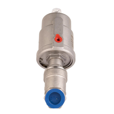 UNOX 3/4 in stainless steel pneumatic valve, front view, blue cap, red side port