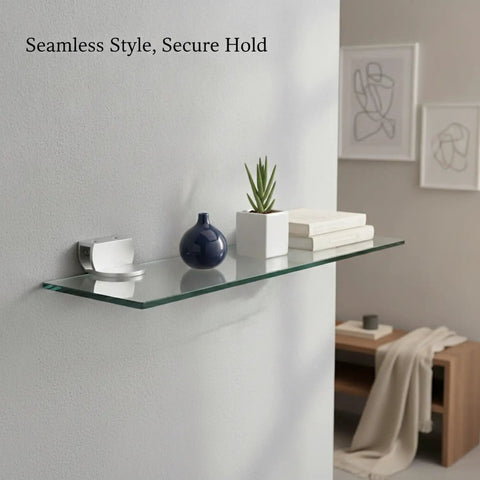 Glass Shelf Clip Clamp For 4 To 20mm Glass Thickness, Aluminum Silver Mount Bracket displaying glass shelf with decor items