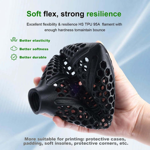 Hand holding a flexible black TPU 3D print with hexagonal design, highlighting the Black 1.75mm TPU Filament 95A 1Kg for FDM 3D printers.