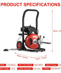 Knock Out Stubborn Pipe Clogs For Good With This Heavy Duty 75 Foot Electric Drain Snake featuring a red drum and rotating cutter.