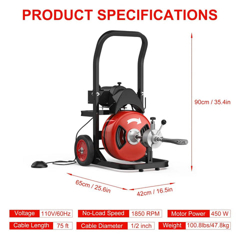 Knock Out Stubborn Pipe Clogs For Good With This Heavy Duty 75 Foot Electric Drain Snake featuring a red drum and rotating cutter.