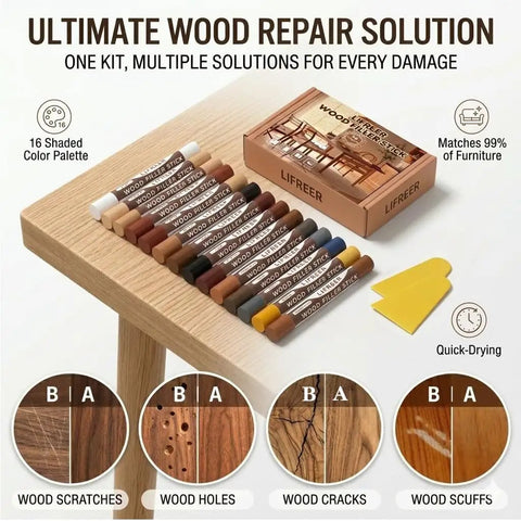 Wood Filler Sticks Kit With 16 Colors For Scratches, Scuffs, Cracks And Holes Easy Touch Up For Furniture, Floors, Cabinets And Doors Color Match White Oak, Mahogany, Walnut, Maple, Black And More.