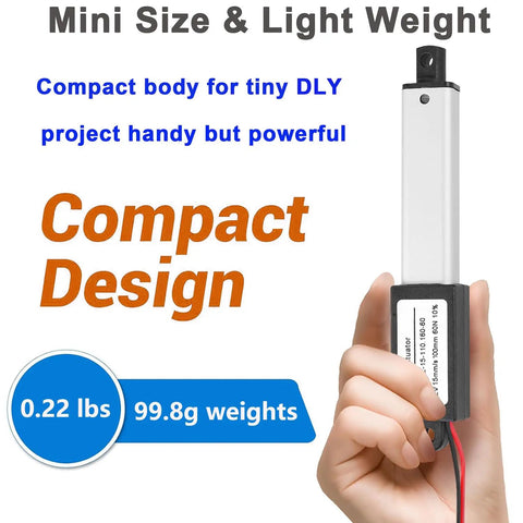 12V Mini Linear Actuator With 4 Inch Stroke, 60N Load, Speed 15mm Per Second, IP54 Waterproof, Low Noise 50dB, shown in hand
