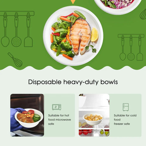 Heavy Duty 12 Oz Disposable Paper Bowls with salad and fish, Biodegradable Compostable Sugarcane Bagasse, Eco Friendly, Microwave Safe