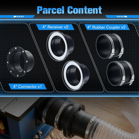 4 Inch Magnetic Dust Collection Fittings For Woodworking Tools Includes One Connector Two Receivers And Two Couplers for easy vacuum hose connection.