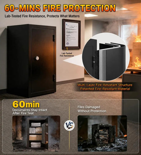 60 Minute Fireproof Safe For Home And Office That Keeps Your Stuff Safe, featuring fire-resistant materials and a secure lock.