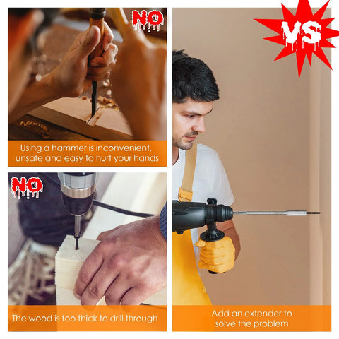 Comparison of drilling methods: left, manual drilling without an extension; right, using Four Piece Quarter Inch Spade Drill Bit Extension Set.