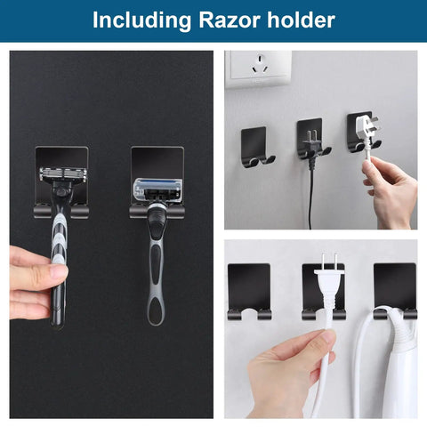 Razor Holder And 304 Stainless Shower Hooks Set Heavy Duty Adhesive Wall Mounts for Towels Coats Hats Waterproof Matte Black