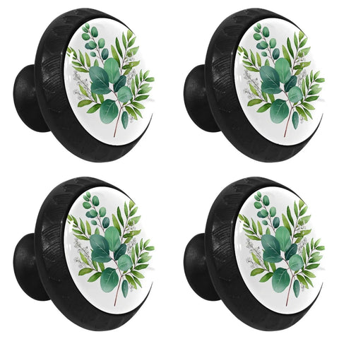 Set of 4 Sage Green Eucalyptus Leaves Drawer Knobs in Black Finish for Kitchen Cabinets and Bathrooms, Sleek Round Crystal Glass Pulls