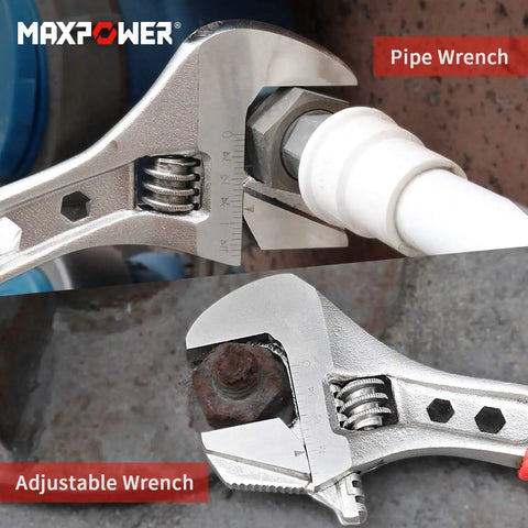 4 Piece Adjustable Wrench Set With Reversible Jaw And Box End Hex Function, showing usage on pipe and rusty bolt