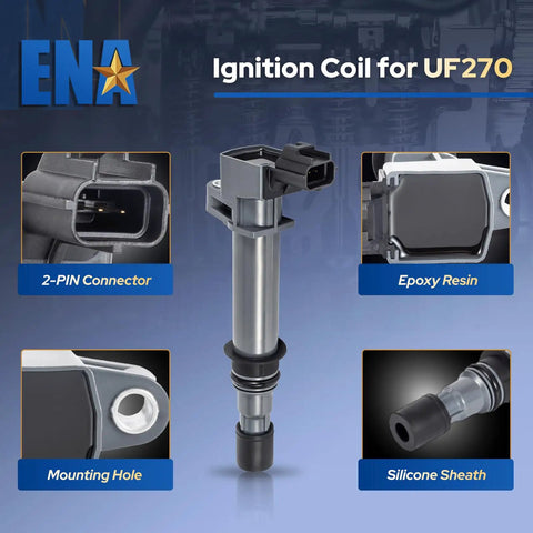 UF270 Ignition Coil Pack Set of 8 for 4.7L V8 with 2-pin connector, epoxy resin, mounting hole, silicone sheath