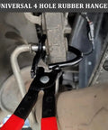Exhaust Hanger Removal Tool Kit With 2 Four Hole Hangers showing pliers detaching car muffler